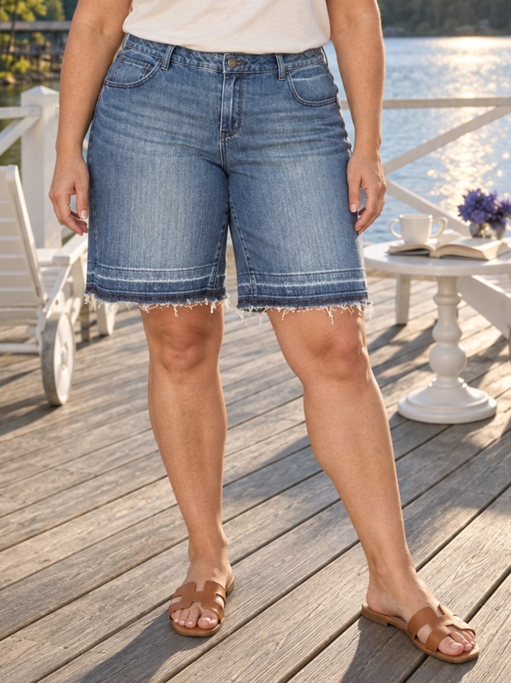 Lane Bryant Bermuda Denim Shorts Medium Wash Released Raw Hem Size 18 NEW